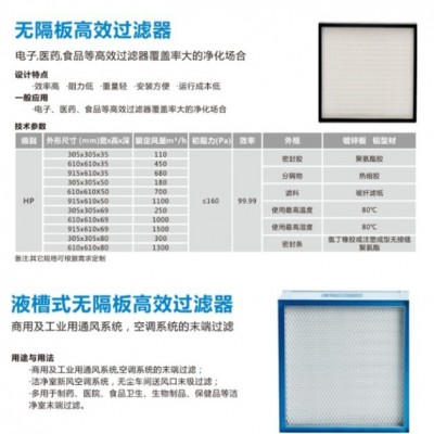 高效过滤器空调净化液槽式无隔板高效过滤器有隔板亚高效过滤器
